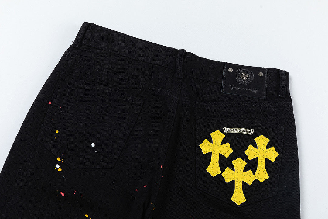 CHROME HEARTS PEINTURE GOUTTE JAUNE CROIX PATCH JEANS NOIR