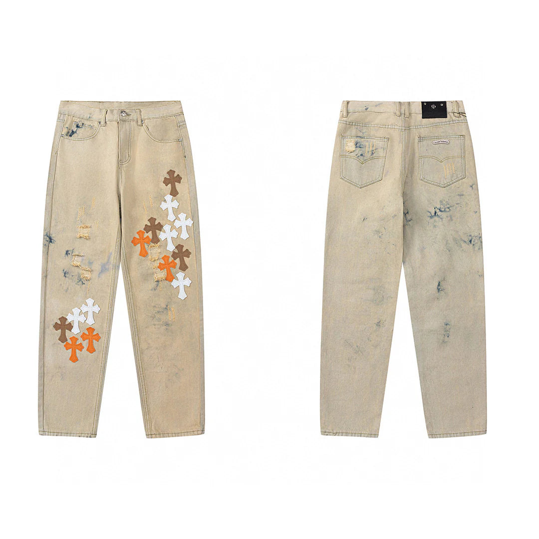 CHROME HEARTS ORANGE MARRON PATCH CROIX JEANS BEIGE