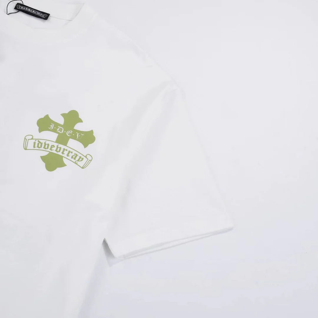 T-SHIRT BLANC AVEC LOGO CROIX DORÉE ET CHROME HEARTS