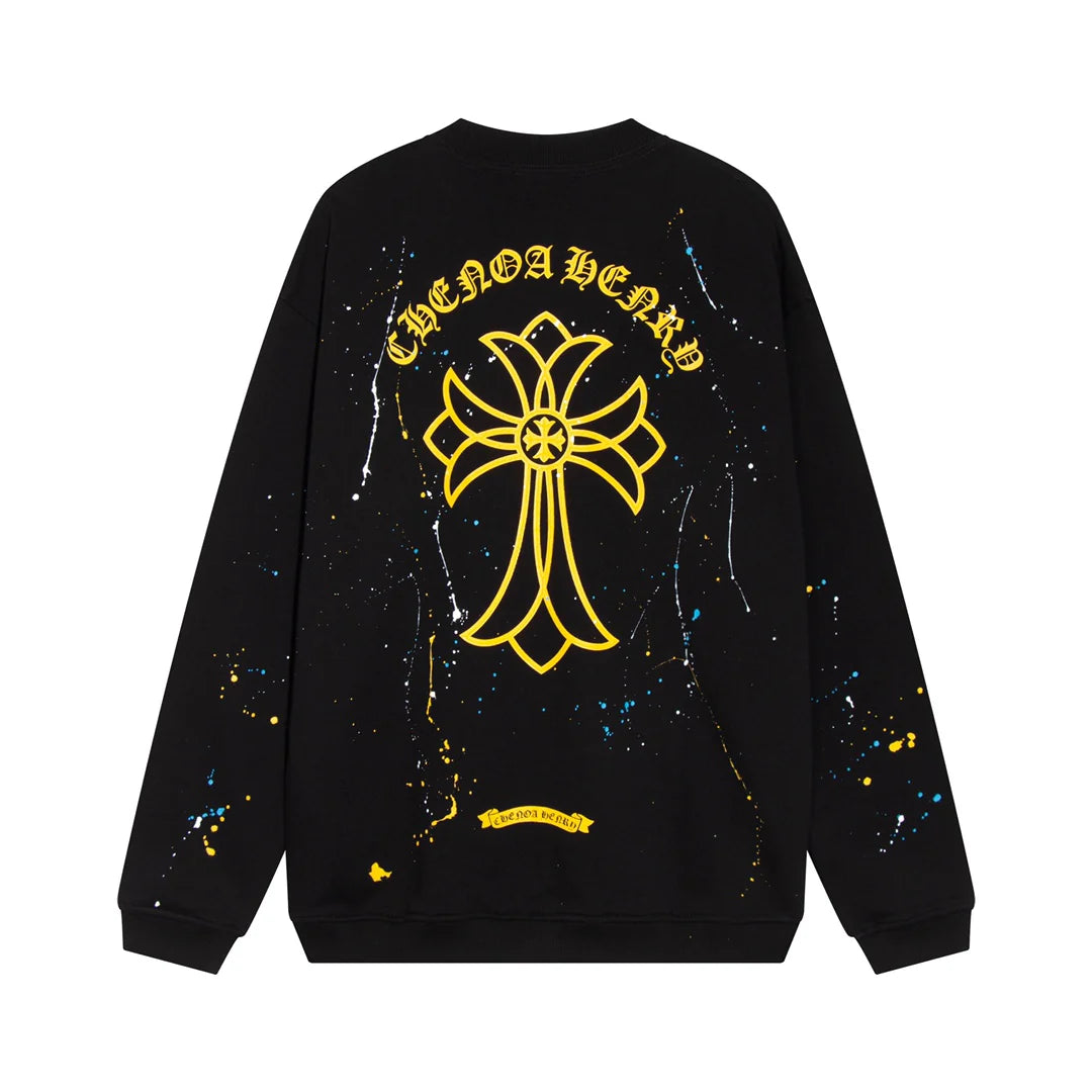 CHROME HEARTS PAINT DRIP JAUNE CROSS SWEATSHIRT NOIR