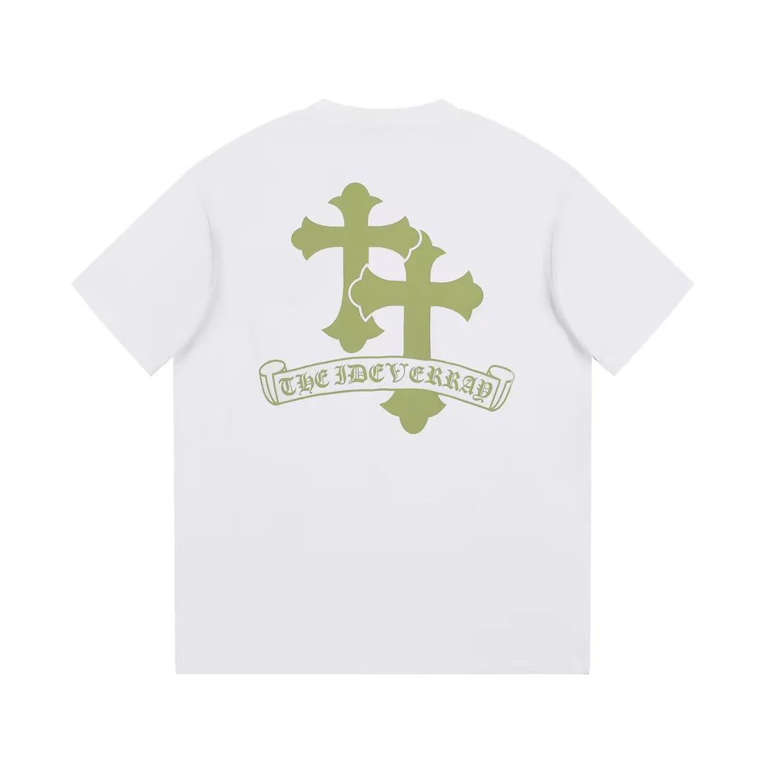 T-SHIRT BLANC AVEC LOGO CROIX DORÉE ET CHROME HEARTS