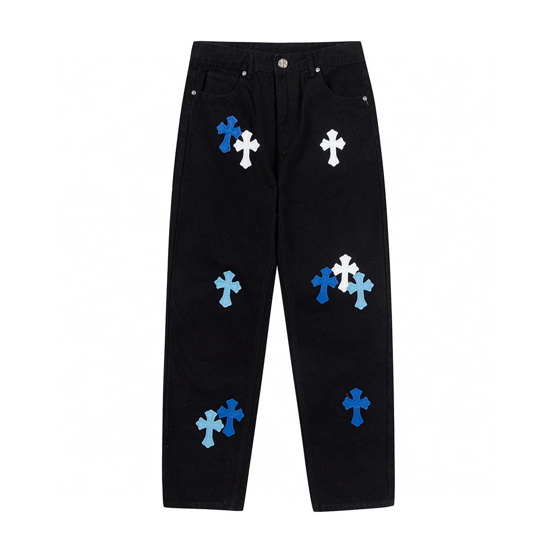 JEAN NOIR AVEC PATCH CROIX BLEUE CHROME HEARTS