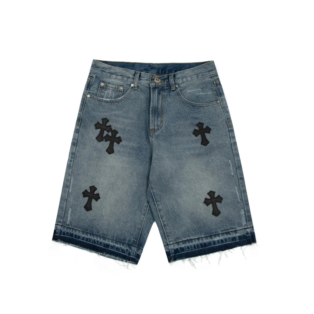 SORTS NOIR AVEC PATCH CROISÉ CHROME HEARTS ET DENIM DÉLAVÉ
