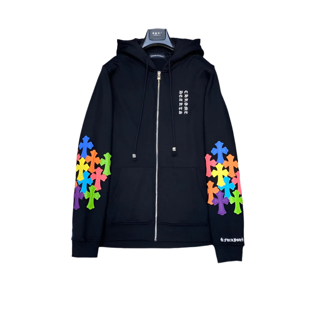 Sweat à capuche zippé avec patch croix multicolore Chrome Hearts noir