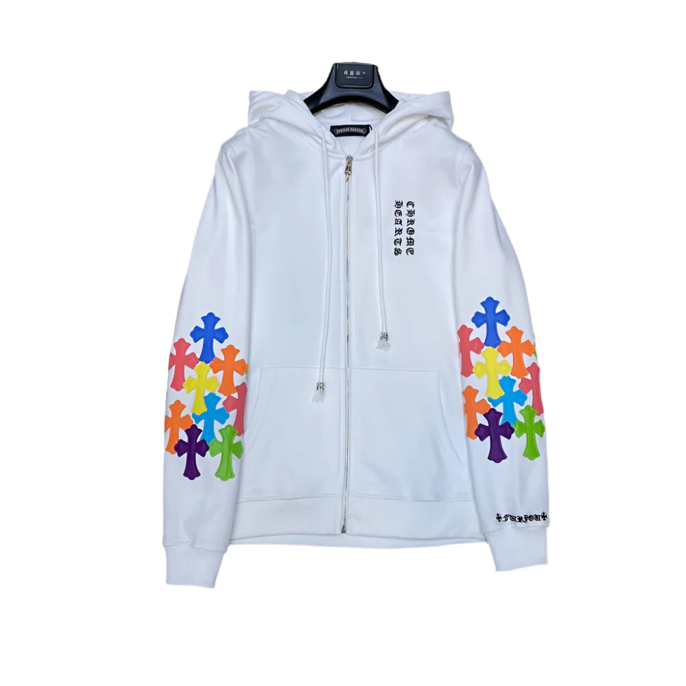Sweat à capuche zippé avec patch croix multicolore Chrome Hearts blanc
