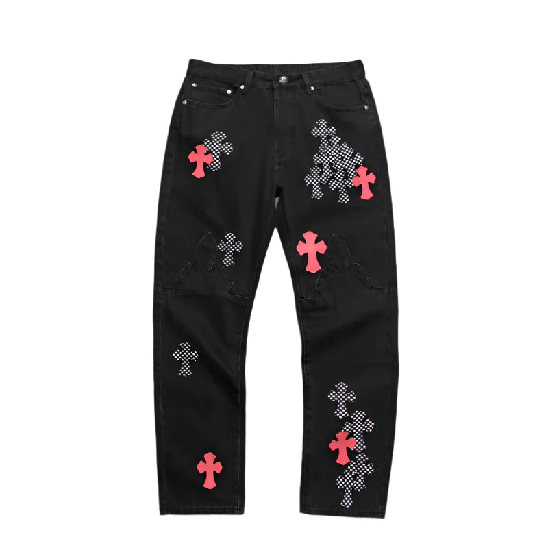 JEAN FLEURKNEE NOIR AVEC PATCH CHROME HEARTS ROSE ET CROSS À CARREAUX