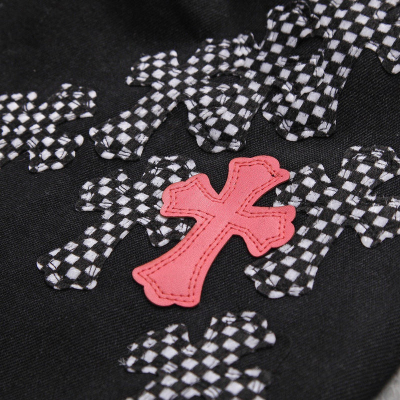 JEAN FLEURKNEE NOIR AVEC PATCH CHROME HEARTS ROSE ET CROSS À CARREAUX