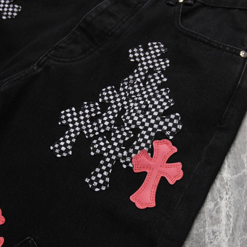 JEAN FLEURKNEE NOIR AVEC PATCH CHROME HEARTS ROSE ET CROSS À CARREAUX