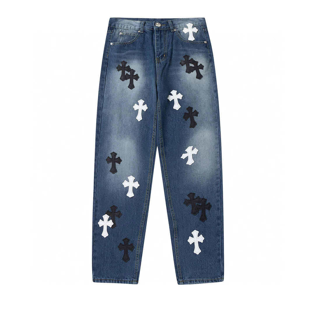 CHROME HEARTS BLANC NOIR PATCH CROIX JEANS DENIM