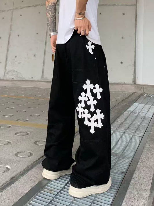 CHROME HEARTS BLANC JAUNE PATCH CROIX JEANS NOIR