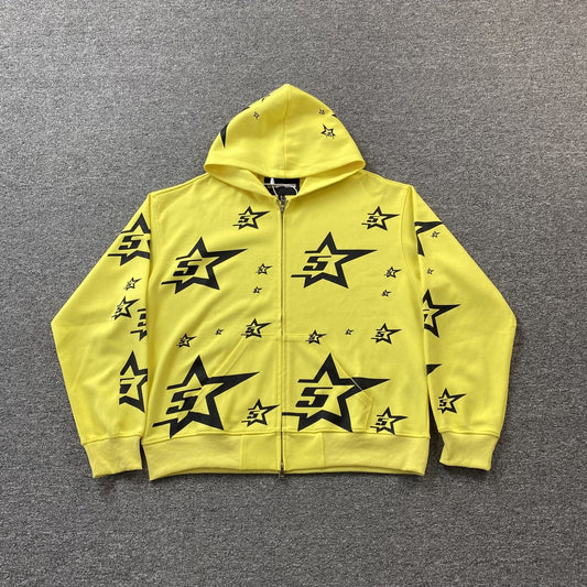 Sweat à capuche zippé double couche 5 étoiles SP5DER jaune