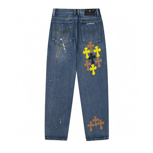 CHROME HEARTS PEINTURE GOUTTE CROIX PATCH JEANS DENIM