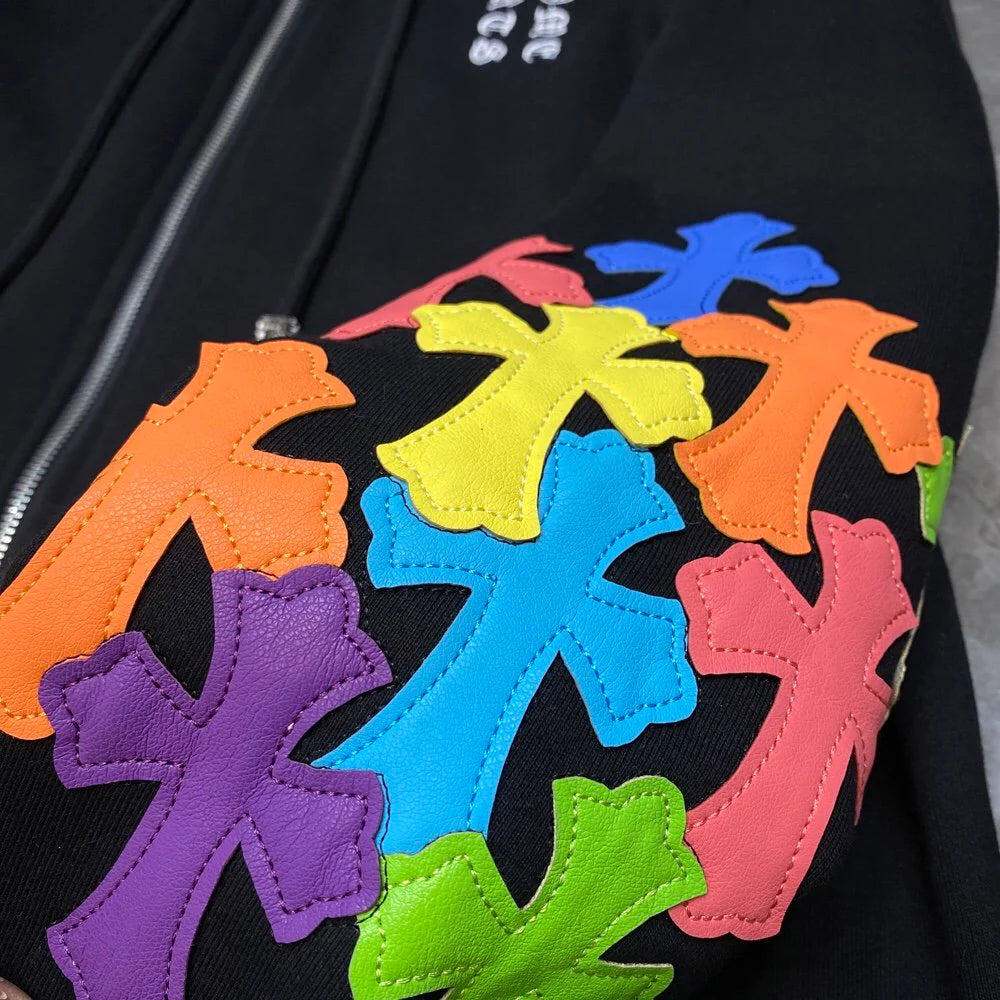 Sweat à capuche zippé avec patch croix multicolore Chrome Hearts noir
