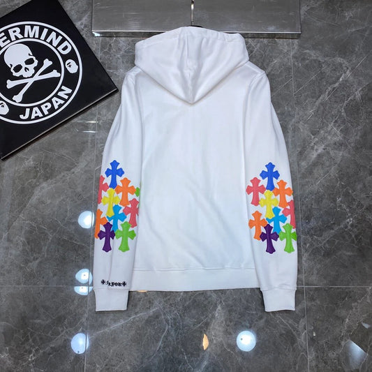 Sweat à capuche zippé avec patch croix multicolore Chrome Hearts blanc