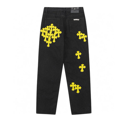 JEAN NOIR AVEC PATCH CROIX JAUNE ET CHROME HEARTS