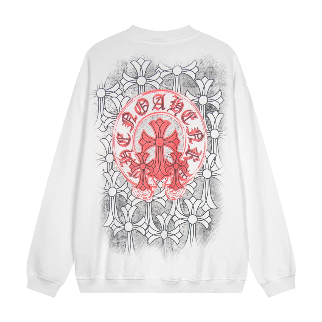Sweat-shirt blanc avec logo fer à cheval rouge et cœurs chromés