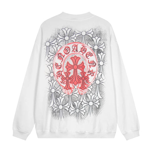 Sweat-shirt blanc avec logo fer à cheval rouge et cœurs chromés