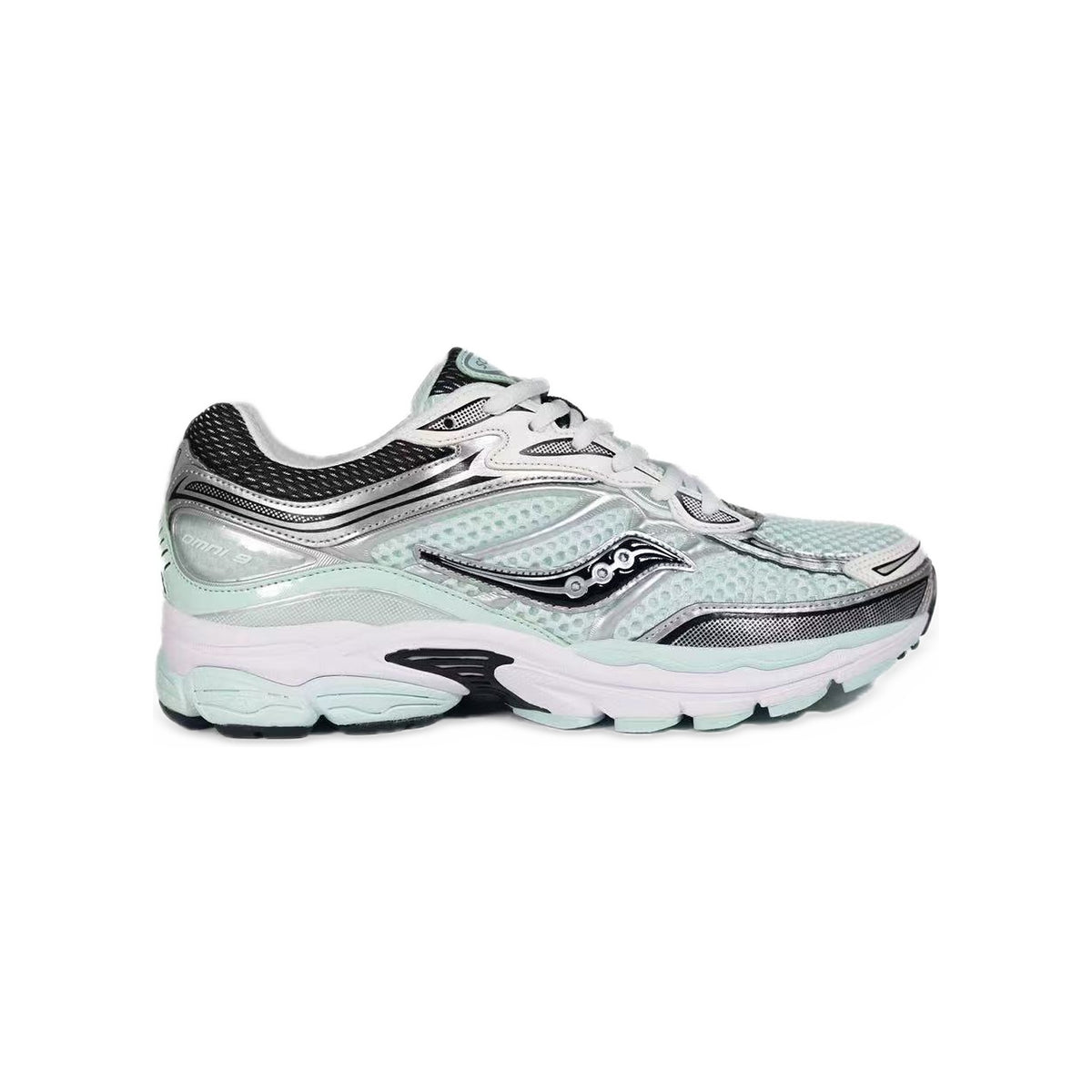 Saucony ProGrid Omni 9 Argent / Menthe / Noir – vue latérale