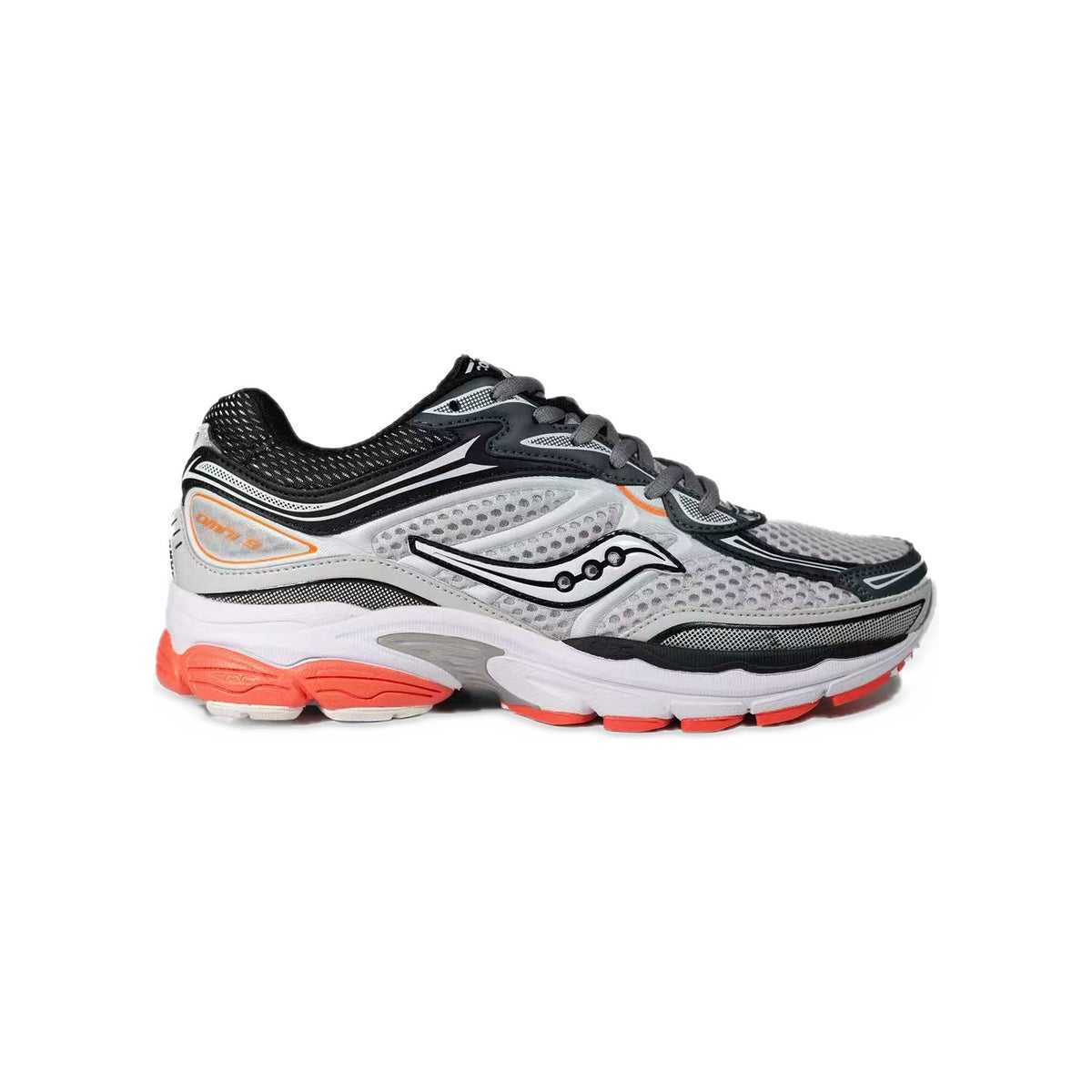 Saucony ProGrid Omni 9 Argent / Noir / Orange – vue latérale
