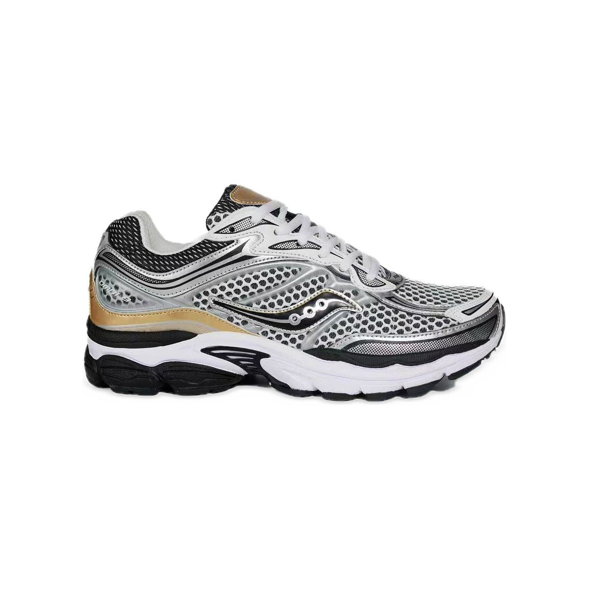 Saucony ProGrid Omni 9 Argent / Or / Noir – vue latérale