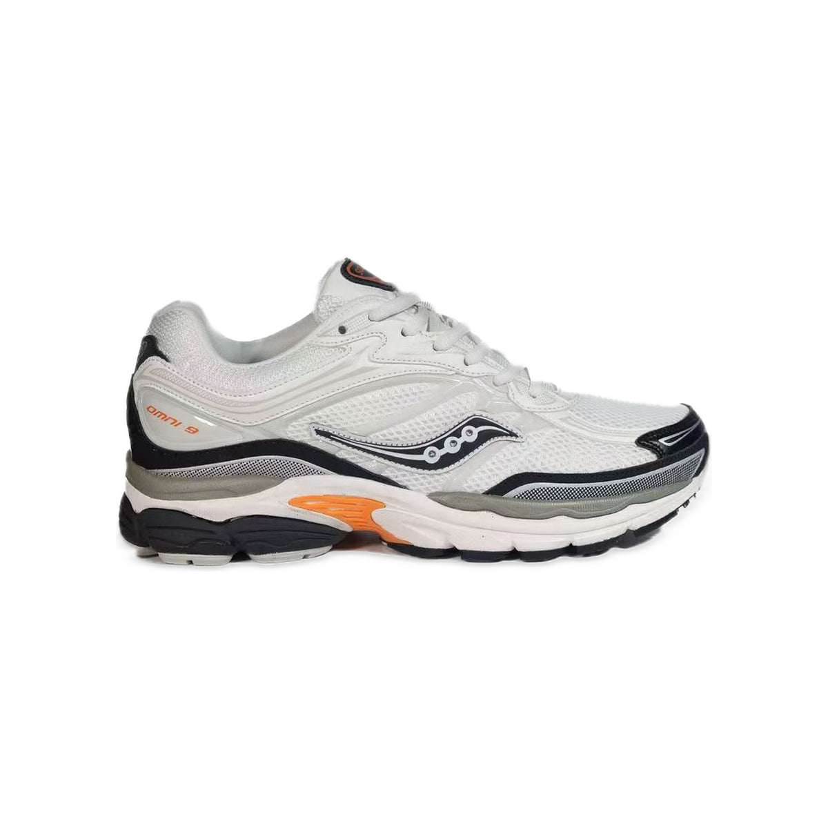 Saucony ProGrid Omni 9 Blanc / Marine / Orange – vue latérale