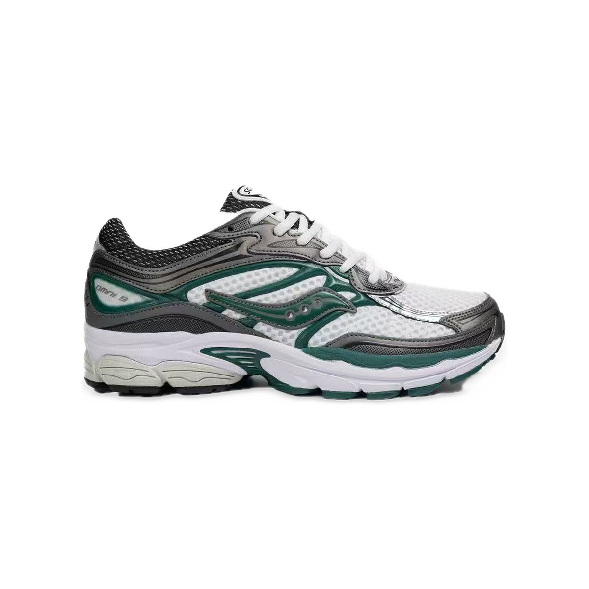Saucony ProGrid Omni 9 Blanc / Vert / Argent – vue latérale