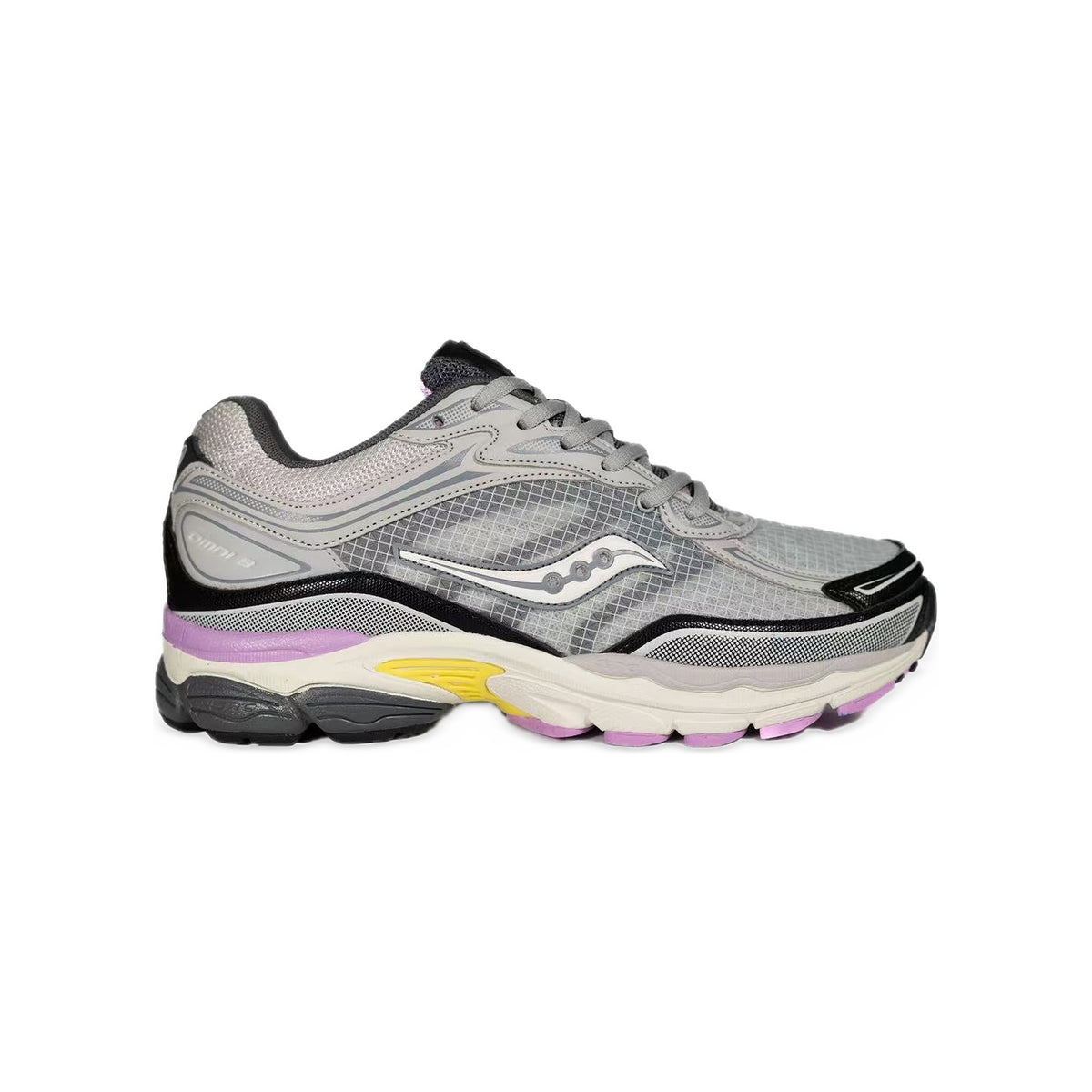 Saucony ProGrid Omni 9 Gris / Lilas / Jaune – vue latérale