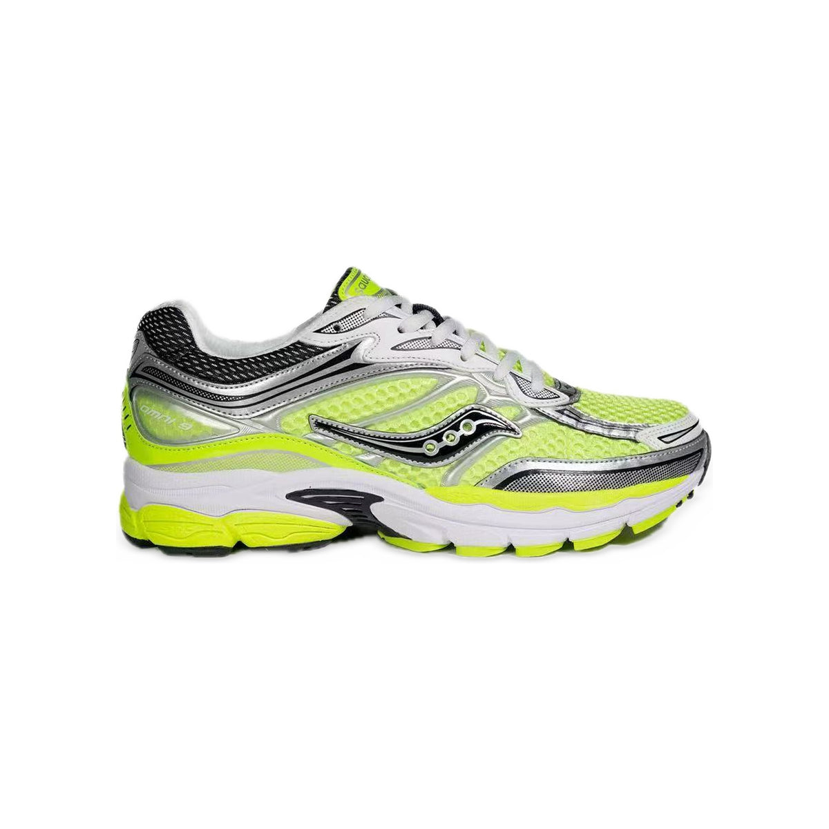 Saucony ProGrid Omni 9 Jaune Fluo / Argent / Noir – vue latérale
