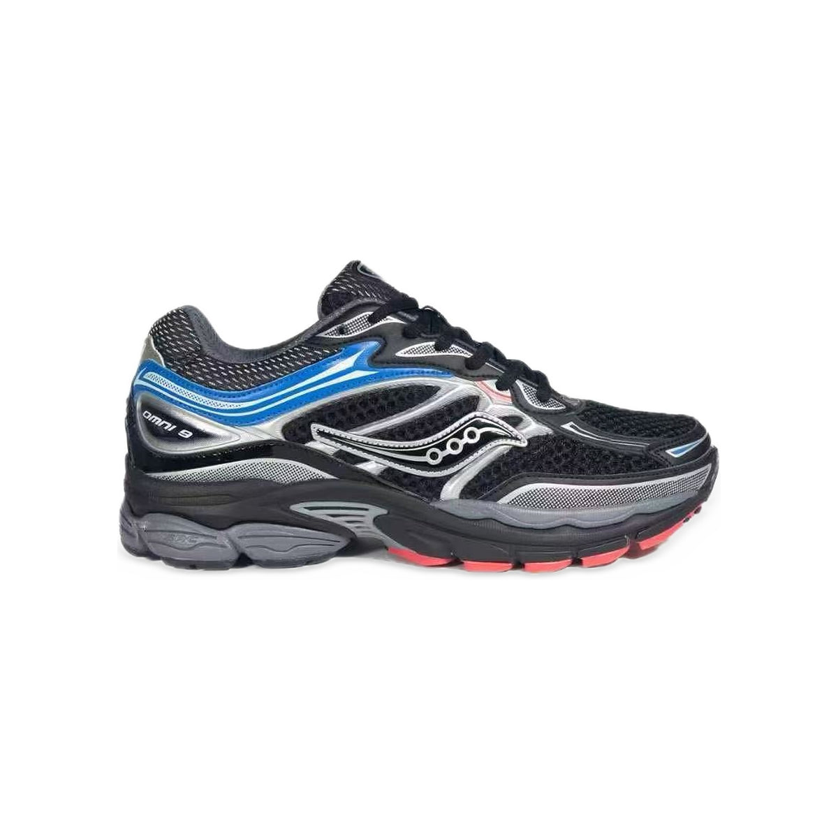Saucony ProGrid Omni 9 Noir / Bleu / Argent – vue latérale