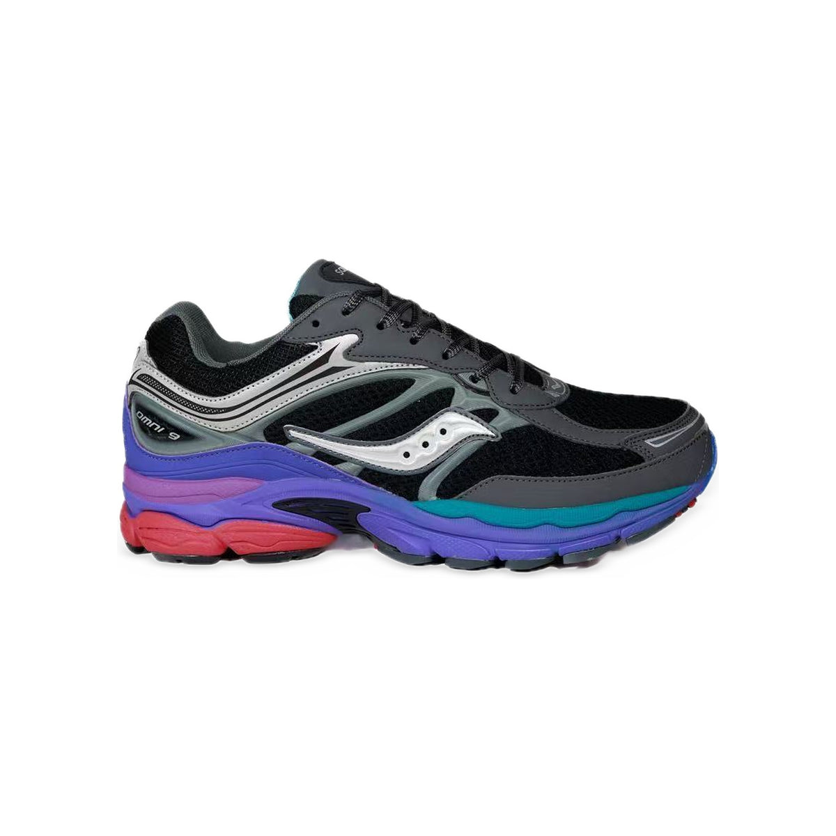 Saucony ProGrid Omni 9 Noir / Violet / Turquoise – vue latérale