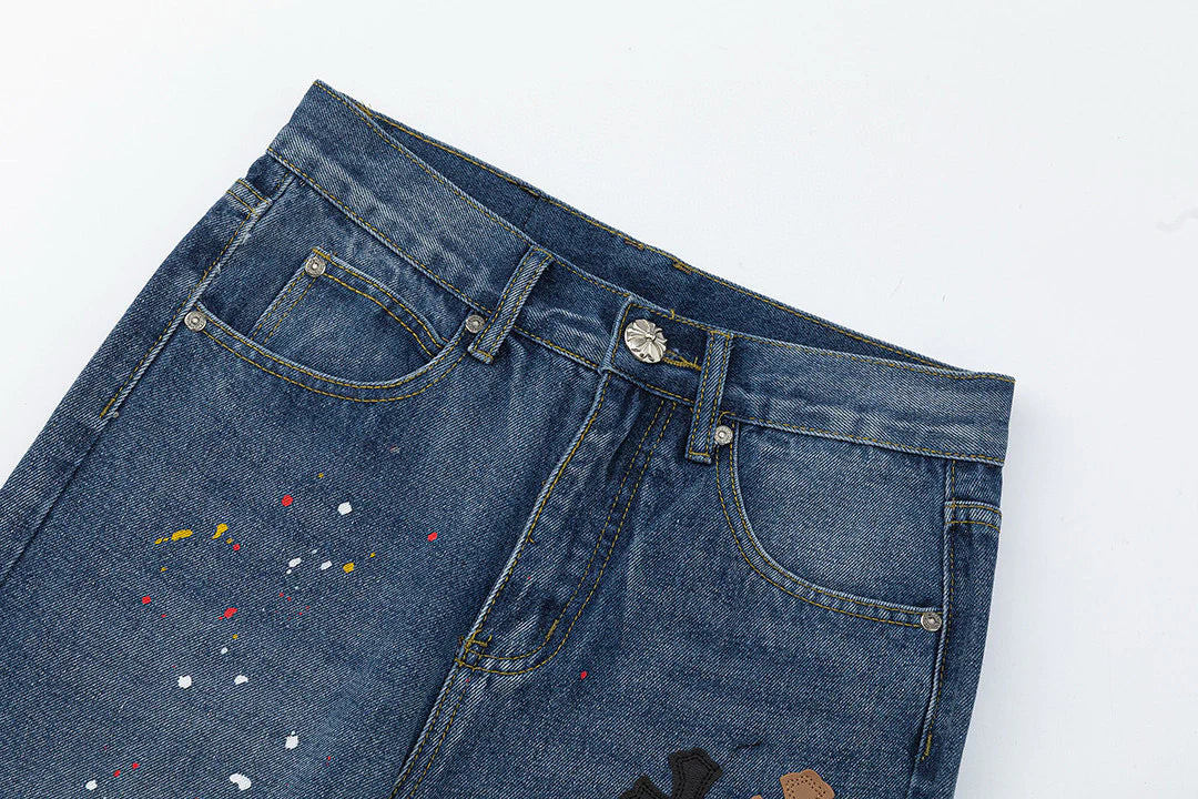 CHROME HEARTS PEINTURE GOUTTE CROIX PATCH JEANS DENIM
