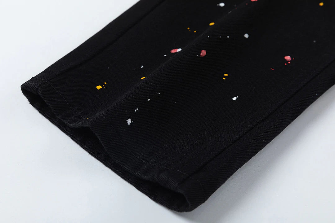 CHROME HEARTS PEINTURE GOUTTE JAUNE CROIX PATCH JEANS NOIR