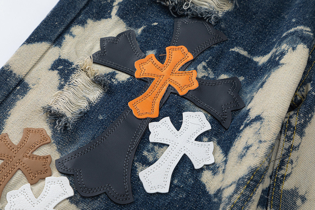 JEAN CHROME HEARTS TIE DYE BLANC ORANGE AVEC PATCH CROIX
