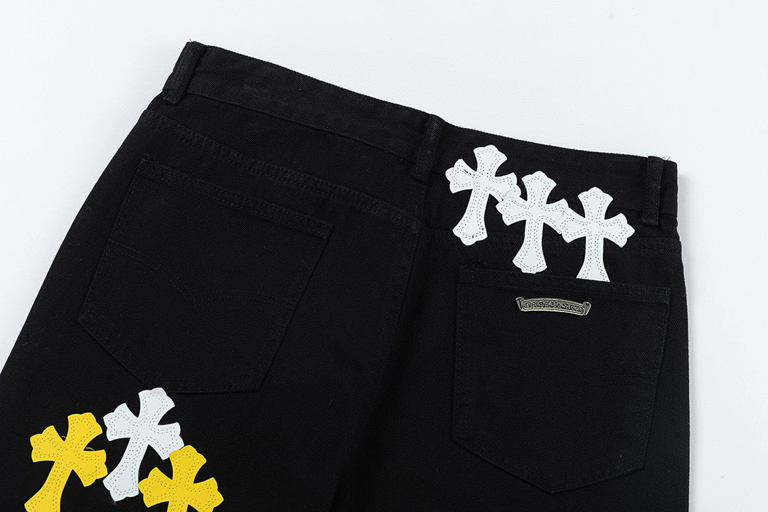 CHROME HEARTS BLANC JAUNE PATCH CROIX JEANS NOIR