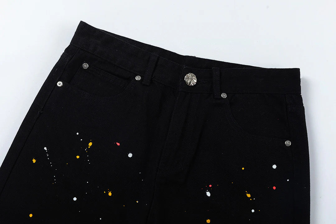 CHROME HEARTS PEINTURE GOUTTE JAUNE CROIX PATCH JEANS NOIR