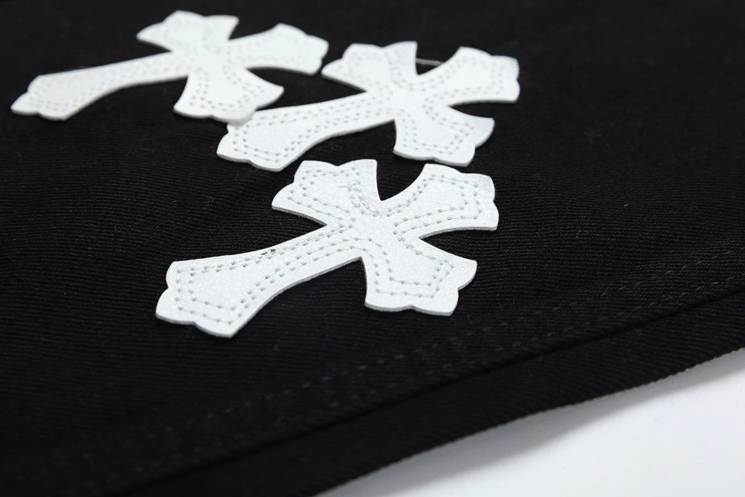 CHROME HEARTS BLANC JAUNE PATCH CROIX JEANS NOIR