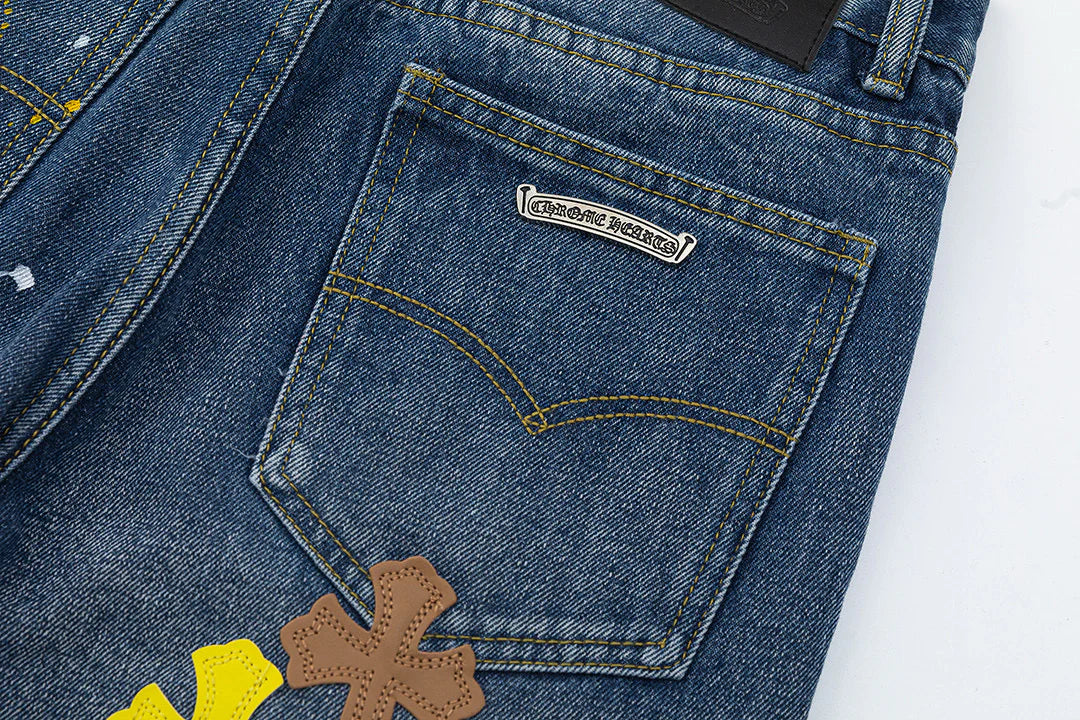 CHROME HEARTS PEINTURE GOUTTE CROIX PATCH JEANS DENIM