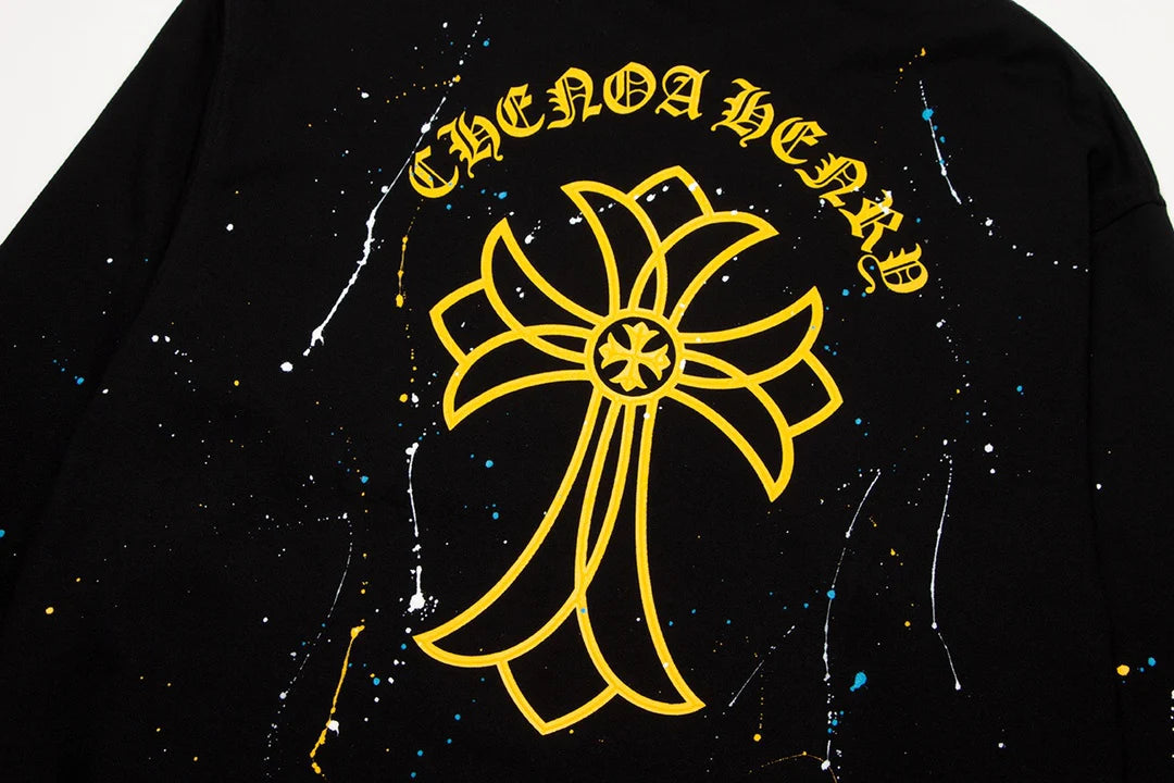 CHROME HEARTS PAINT DRIP JAUNE CROSS SWEATSHIRT NOIR