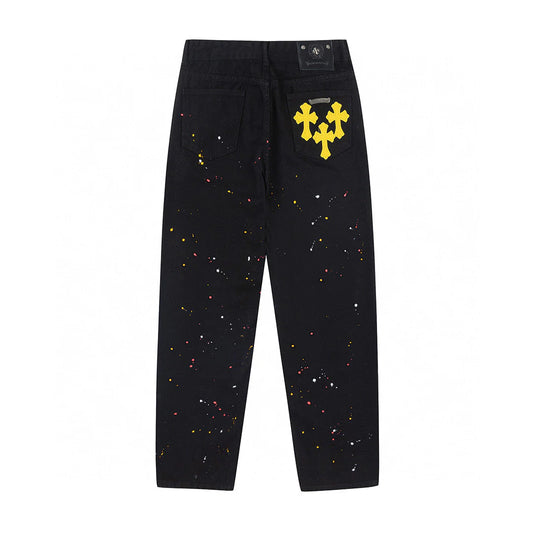 CHROME HEARTS PEINTURE GOUTTE JAUNE CROIX PATCH JEANS NOIR