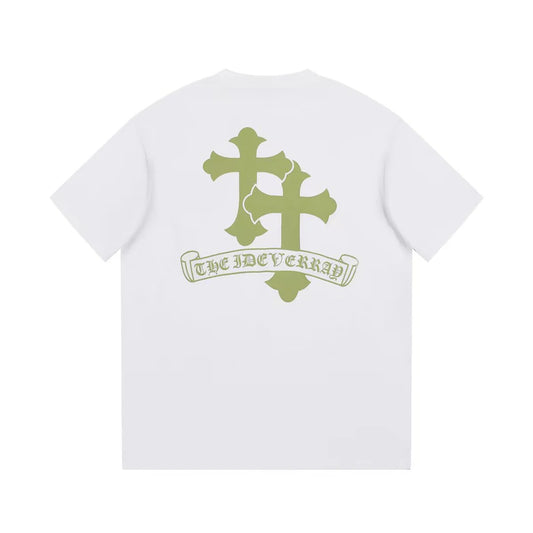 T-SHIRT BLANC AVEC LOGO CROIX DORÉE ET CHROME HEARTS
