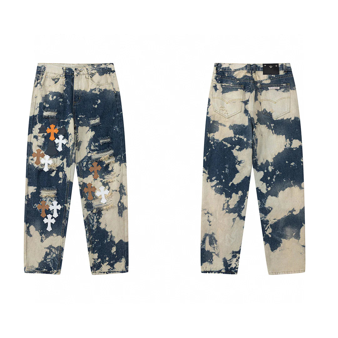 JEAN CHROME HEARTS TIE DYE BLANC ORANGE AVEC PATCH CROIX