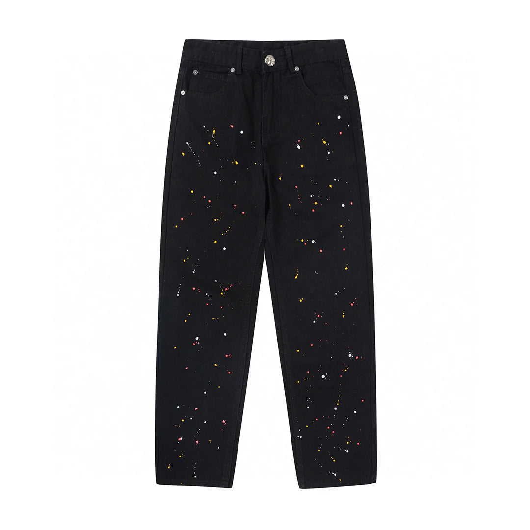 CHROME HEARTS PEINTURE GOUTTE JAUNE CROIX PATCH JEANS NOIR