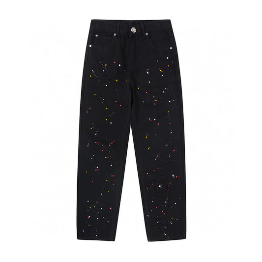 CHROME HEARTS PEINTURE GOUTTE JAUNE CROIX PATCH JEANS NOIR