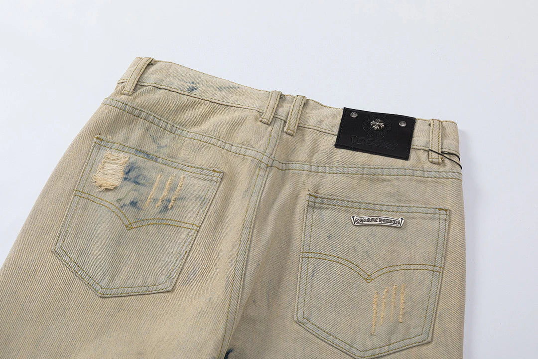CHROME HEARTS ORANGE MARRON PATCH CROIX JEANS BEIGE