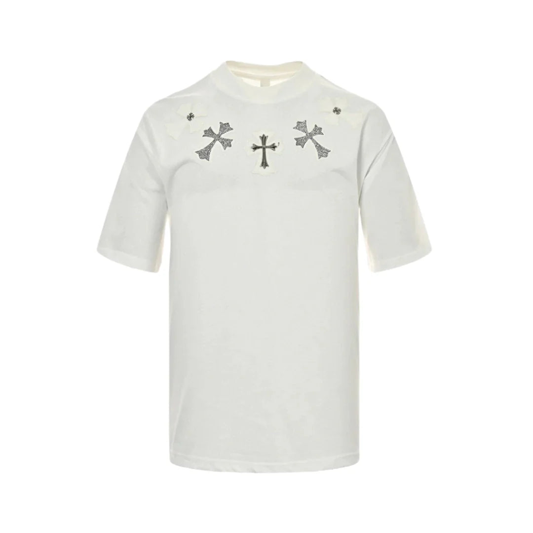 T-SHIRT BLANC AVEC COL ET PATCH CROIX CHROME HEARTS