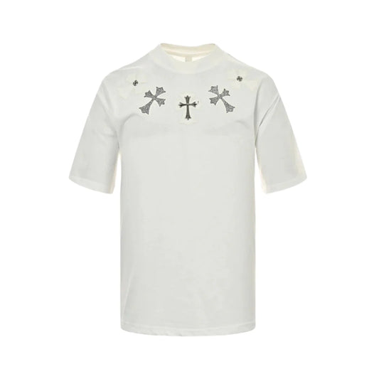 T-SHIRT BLANC AVEC COL ET PATCH CROIX CHROME HEARTS