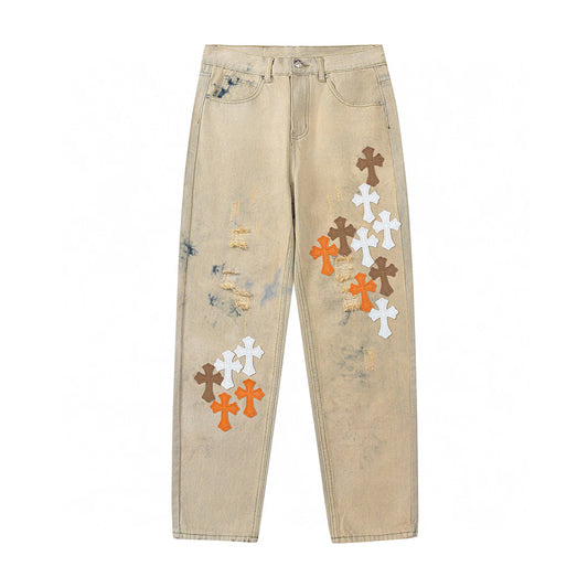 CHROME HEARTS ORANGE MARRON PATCH CROIX JEANS BEIGE