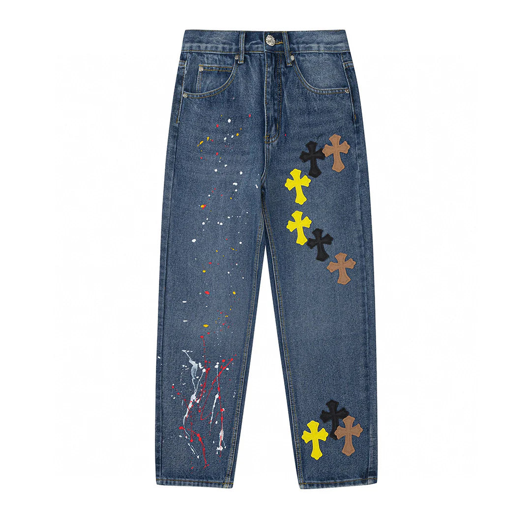 CHROME HEARTS PEINTURE GOUTTE CROIX PATCH JEANS DENIM