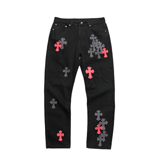 JEAN FLEURKNEE NOIR AVEC PATCH CHROME HEARTS ROSE ET CROSS À CARREAUX