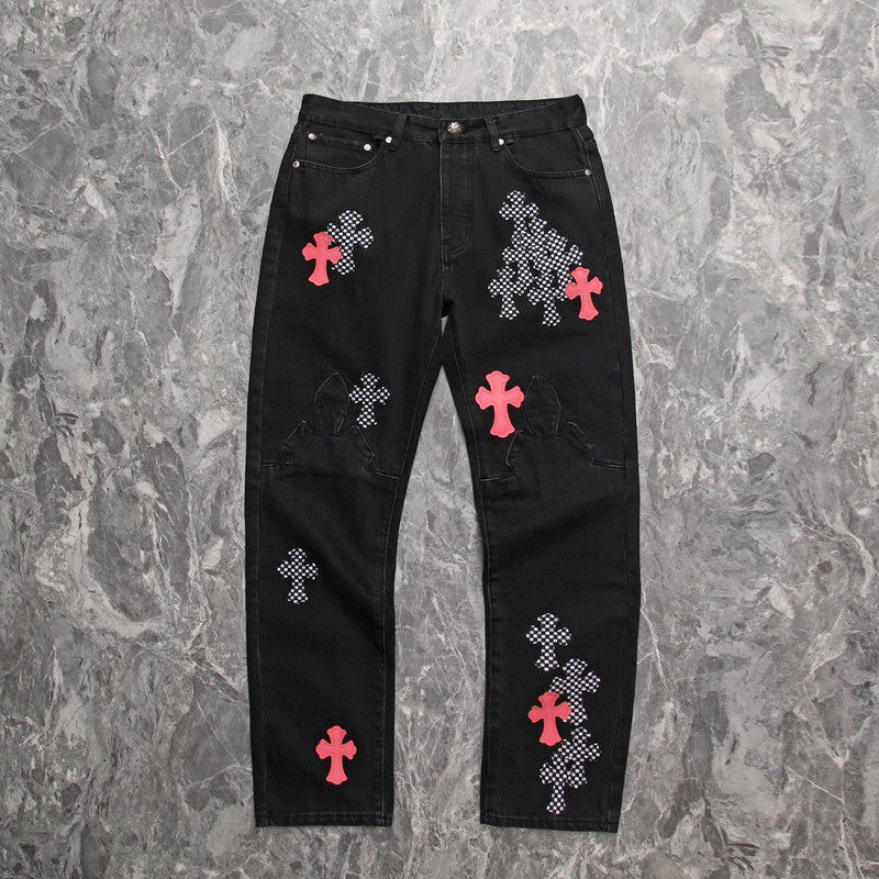 JEAN FLEURKNEE NOIR AVEC PATCH CHROME HEARTS ROSE ET CROSS À CARREAUX